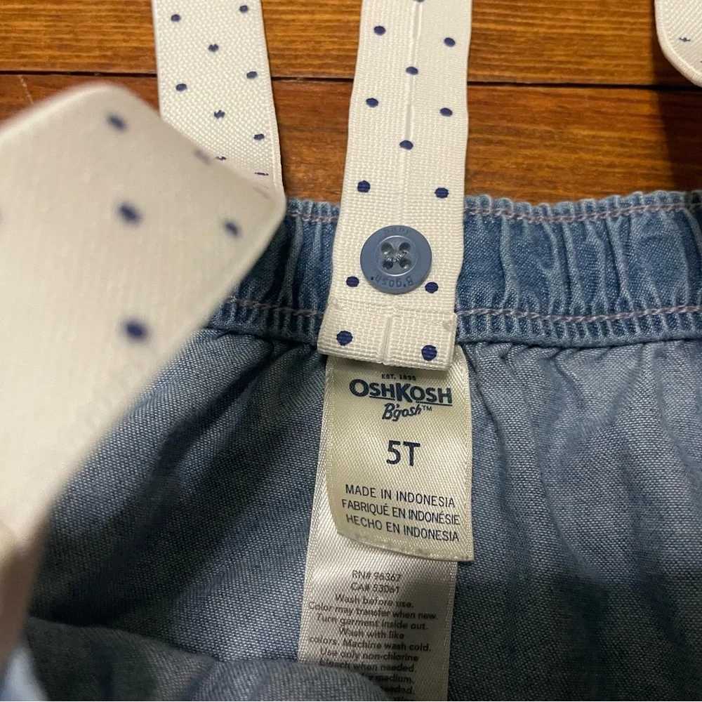 OshKosh B'gosh Blue Denim Skirt with White Polka Dot Suspenders Size 5T